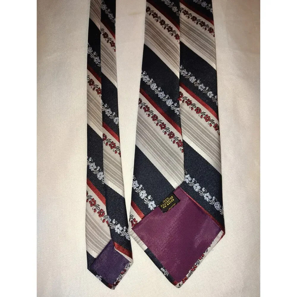 Vintage 1970s Polyester Ric Karon Floral Stripe Necktie Burgundy Black Gray